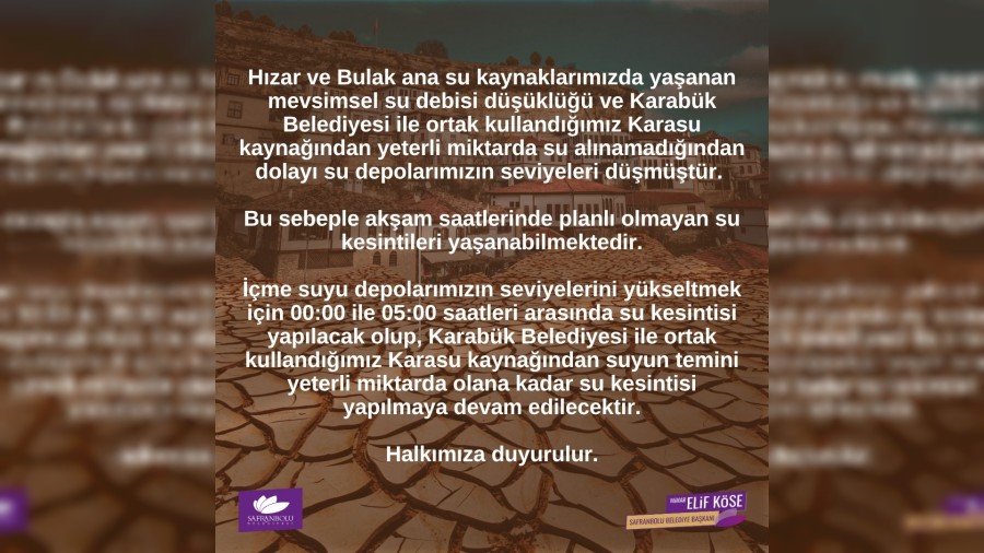 Safranbolu Belediyesi'nden su kesintisi duyurusu