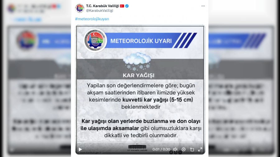 Karabk Valilii kuvvetli kar ya ve buzlanmaya kar uyard